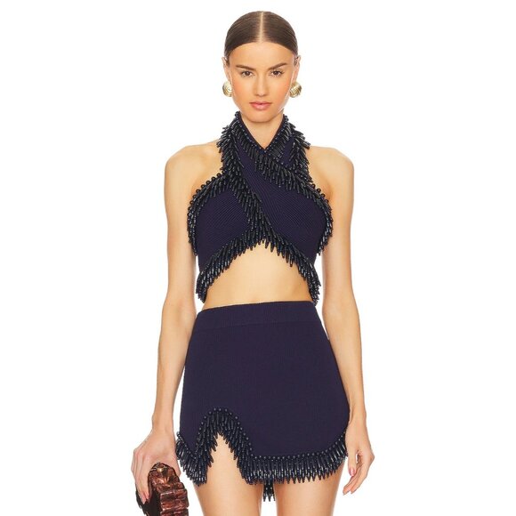 Cult Gaia Arvid Short Knit Skirt in Evening Blue X-Small New Womens Beaded Mini - Picture 1 of 16